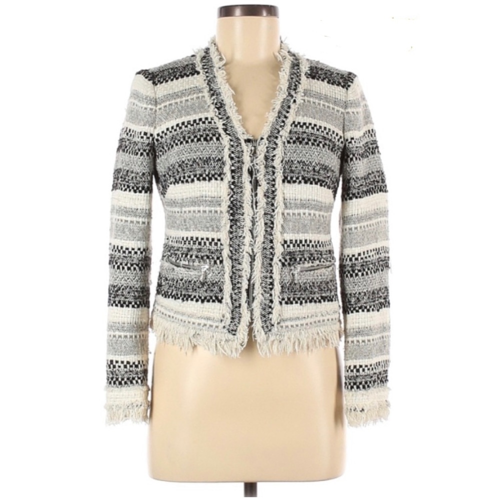 Rebecca Taylor Knit Patterned Fringe Blazer🤍🖤🤍